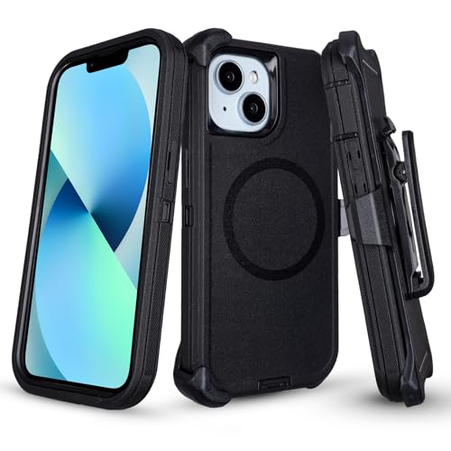 Magnetic for iPhone 13 Case with Belt Clip, Holster with Kickstand, Black | Compatible with MagSafe, Heavy Duty Military Grade Drop Protection, 3-Layer Rugged Shockproof for iPhone 13 Protective Case - color: Black