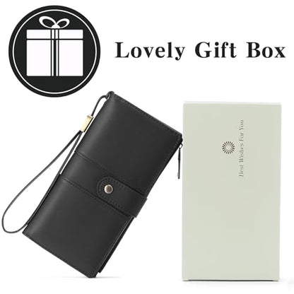 GAEKEAO Wallets for Women Leather RFID Blocking Large Capacity Card Case Ladies Wristlet Clutch Wallets Zipper Pocket with 4 ID Windows 20 Card Slots - color: Black