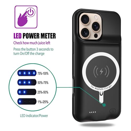 Wireless Charging Case for iPhone 16 Pro Max, 12000mAh High Capacity Portable Rechargeable Battery Case Qi Wireless Charging with iPhone 16 Pro Max (6.9 inch) Extended Battery Charger Cover(Black) - size: iPhone 16 Pro Max (6.9 inch)