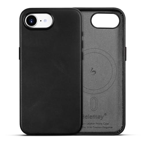 Belemay Handcrafted Full-Grain Vegetable-Tanned Leather Case for iPhone 17e / iPhone 16e, Compatible with MagSafe, Two-Tone Effect, Natural Patina, Metal Buttons Luxury Cover (6.1"), Black - color: Black