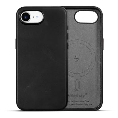 Belemay Handcrafted Full-Grain Vegetable-Tanned Leather Case for iPhone 17e / iPhone 16e, Compatible with MagSafe, Two-Tone Effect, Natural Patina, Metal Buttons Luxury Cover (6.1"), Black - color: Black