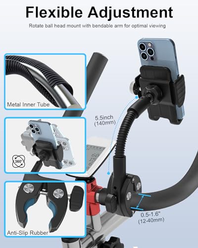 Gooseneck Spin Bike Phone Holder, Cell Phone Mount Exercise Bike Handlebar Clamp for Stationary Bicycle, Treadmill, Microphone Stand, for iPhone Air 17 Pro Max 16 15 14 13 12, S25, 4.7-7" Smartphones