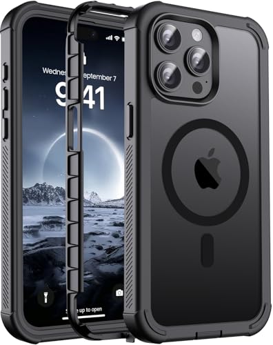 jaroco Magnetic for iPhone 15 Pro Case Heavy Duty Protection Black | Compatible with MagSafe,Military Grade Drop Protection,Translucent Matte,Non-Slip,Shockproof 2-Layer Durable Bumper Case - color: Black, size: iPhone 15 Pro