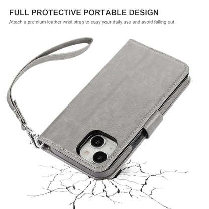 Bocasal Detachable Wallet Case Card Holder for iPhone 15, Grey | RFID Blocking Kickstand Card Slots Holder PU Leather Magnetic Shockproof Wrist Strap Removable Flip Protective Cover 6.1 inch - color: Gray