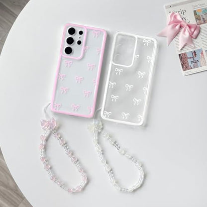NITITOP Compatible with Samsung Galaxy S23 Ultra Case Clear Ribbon Bow Knot Pattern for Girls Women Bowknot Durable with Chain Wrist Strap Soft TPU Shockproof Protective Phone Cover - White2 - color: White, size: Samsung Galaxy S23 Ultra