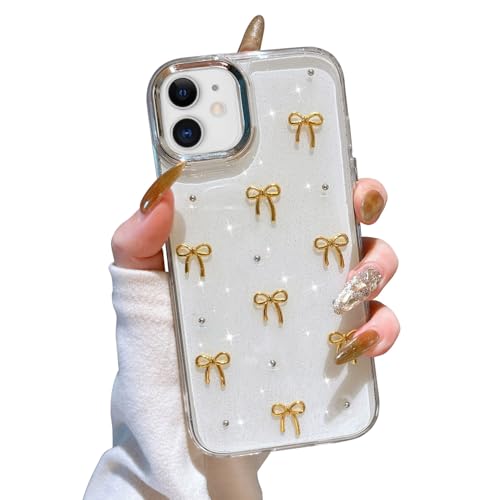 EYZUTAK Case for iPhone 11, Bling Glitter 3D Bowknot Phone Case Cute Sparkly Crystal Clear Bow Aesthetic Design Case Slim Soft Durable TPU Transparent Protective Cover for Women Girls - Gold Bow - color: Gold Bow, size: iPhone 11