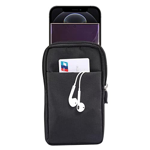 Multifunction Dual Phone Holster Men, Nylon Cell Phone Case Holder Mens Belt Pouch Loop/Clip, Smartphone Belt Wallet Purse 2 Zipper Pockets Compatible with iPhone 14 Pro Max Case 13 Pro Max, Black - color: Black