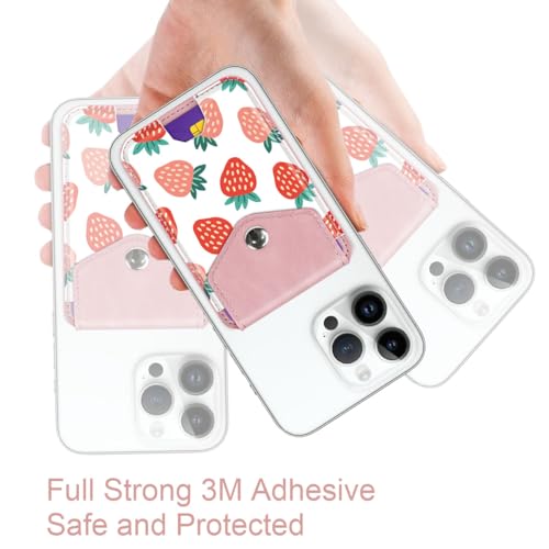 Self Adhesive Card Holders for Back of Phone, Leather RFID Phone Wallet Pockets with Snap, Card Holders Sleeve for Phone Case, Strawberry - color: Strawberry Pattern