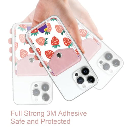 Self Adhesive Card Holders for Back of Phone, Leather RFID Phone Wallet Pockets with Snap, Card Holders Sleeve for Phone Case, Strawberry - color: Strawberry Pattern