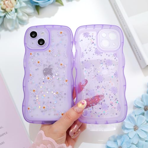 Glitter case for iPhone 13/14 Flowers Purple | Bling Sparkle Glitter，Flowers，Full Protection Soft TPU，Kawaii Cute Phone Case for Women Girls - color: Flowers Purple