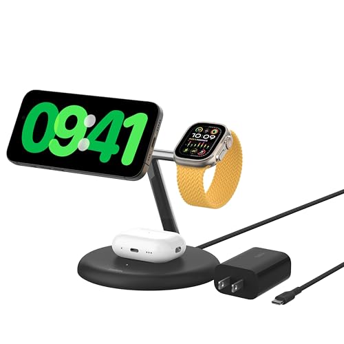 Belkin Qi2 15W Magnetic Wireless Charging Stand, 3 in 1 Fast Charger - color: Black