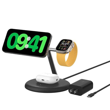 Belkin Qi2 15W Magnetic Wireless Charging Stand, 3 in 1 Fast Charger - color: Black