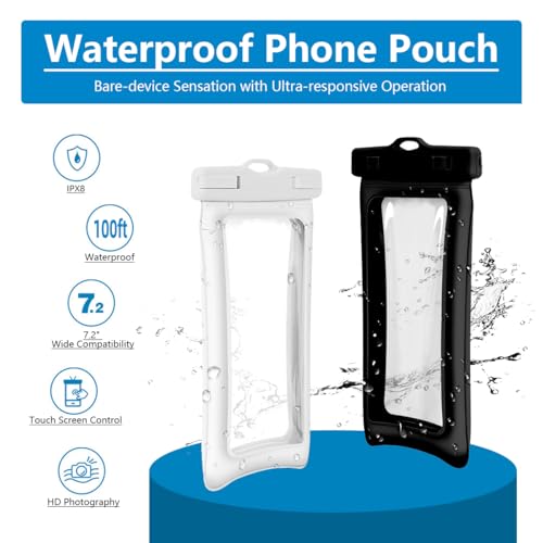 HAVENVOGUE Waterproof Phone Pouch, IPX8 Floating Dry Bag, 2 Pack Black | Black & White, Responsive Touchscreen, Fits iPhone and Galaxy Smartphones Up to 7 Inches, with Lanyards for Beach and Cruise