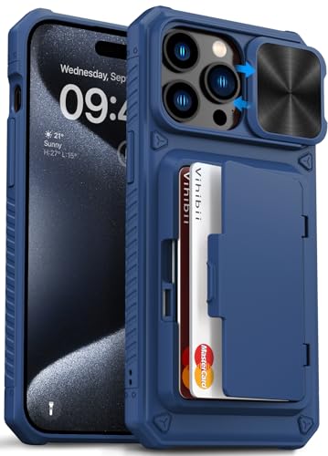 Vihibii for iPhone 15 Pro Max Case Wallet with Card Holder (4 Cards), Blue | Slide Camera Cover, Kickstand, Military Grade Drop Protection, Rugged Hard Back, Silicone Edge Wallet Phone Case, 2023, Blue - color: Blue, size: iPhone 15 Pro Max