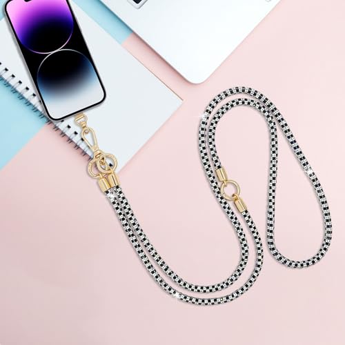 Phone Lanyard Crystal Phone Strap Crossbody, Black White - color: Black White