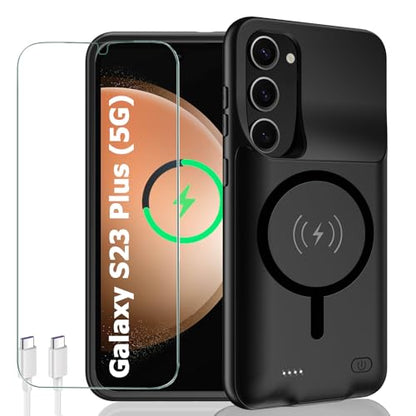 Battery Case for Galaxy S23 Plus, 12000mAh Portable Wireless Charging Case Supporting Carplay, Compatible with Galaxy S23 Plus (6.6 inch) Rechargeable Extended Battery Charger (Black) - size: Galaxy S23 Plus