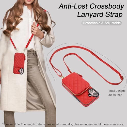 Bocasal Crossbody Wallet Case Card Holder for iPhone 16, Red | RFID Blocking PU Leather Zipper Handbag Purse, Kickstand Flip Folio Case with Card Slots Holder Wrist Strap Lanyard 6.1 Inch - color: Red
