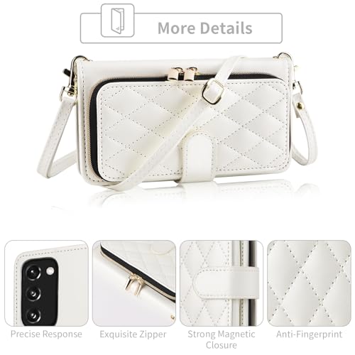 Wallet Case for Samsung Galaxy S20 FE 5G 6.5 inch with Wrist Strap, 9+ Card Slots Zipper Purse, Luxury PU Leather Stand Phone Cover for S 20 EF UW S20FE5G S20FE 20S S2O Fan Edition 4G G5 White | Wrist/Shoulder Strap, 9+ Card Slots, Luxury PU Leather Phone