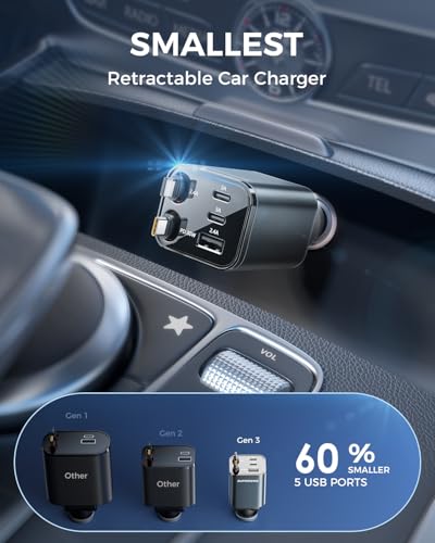 2026 Compact SUPERONE Retractable Car Charger with USB C & Apple Cables - color: Gray, size: 5 Ports