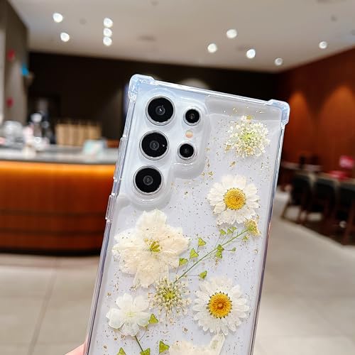 Compatible with Samsung Galaxy S23 Ultra Case Cute Pressed Dried Real Flowers Design Women Girly Shockproof Glitter Floral Clear Phone Cover S23 Ultra (White Flower) - color: White Flower, size: Samsung S23 Ultra