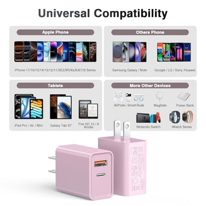 [2 Pack] 20W USB C Charger Block, Fast Charging Dual Port Wall Charger - color: Pink