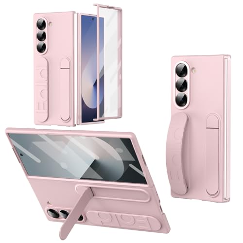 for Samsung Galaxy Z Fold 6 Protect Case with Wristband Stand,Bulit-in Screen & Lens Protection Shockproof Full Body Drop Fall Protection.(Pink) - color: Pink