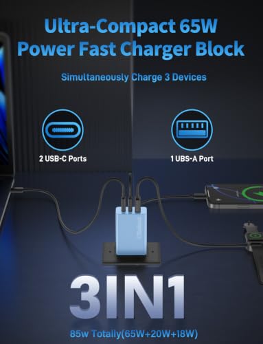 85W Dynamic Power GaN USB-C Fast Charger, 2C1A 3-Port, Max 65W, 2 Pack - color: Blue, size: 2Pack