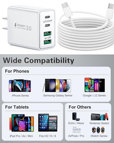 2-Pack iPhone17 16 15 Fast Charger Block with 6FT USB C Cable, 40W 4-Port USB C Charging Block for iPhone 16 17 15 Pro Max Plus Series/iPad Pro, Samsung, Multi Wall Plug Power Adapter Charger Brick - color: 2-Pack Plug /6FT C-C White