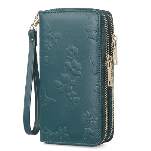 yiijay Womens Wallet RFID Blocking Large Capacity Vegan Leather Double Zip Wristlet Wallet Card Holder Travel Ladies Clutch - color: Dark Green