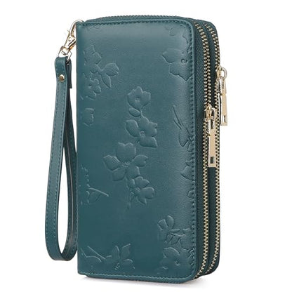 yiijay Womens Wallet RFID Blocking Large Capacity Vegan Leather Double Zip Wristlet Wallet Card Holder Travel Ladies Clutch - color: Dark Green