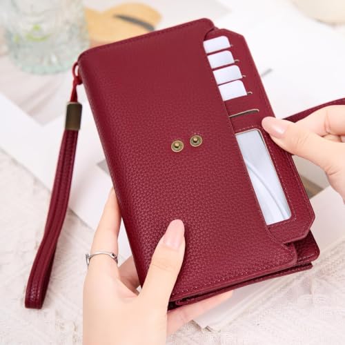 GAEKEAO Womens Wallet RFID Blocking Large Capacity Vegan Leather Card Holder Wristlet Clutch with 32 Card Slots 4 ID Windows - color: X03-Wine Red