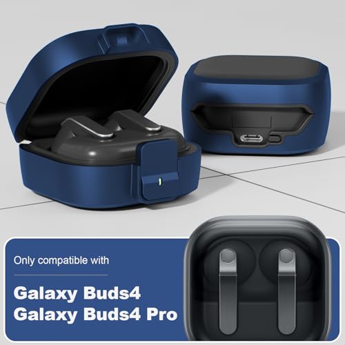 for Samsung Galaxy Buds 4 Pro/Buds 4 Case (2026) with Secure Safety Lock Clip,Shockproof Scratch-Resistant Hybrid PC+TPU Soft Shell Protective Cover Accessories with Carabiner&Cleaning Pen(Dark Blue) - color: Dark Blue Edge-Black