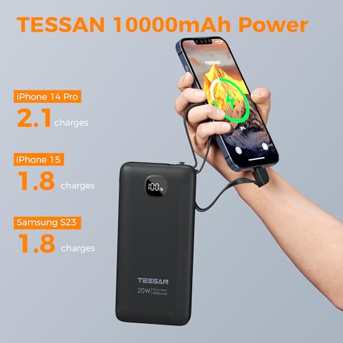 TESSAN Portable Charger with Built in Cables, 10000mAh Power Bank Wall Plug - color: Black
