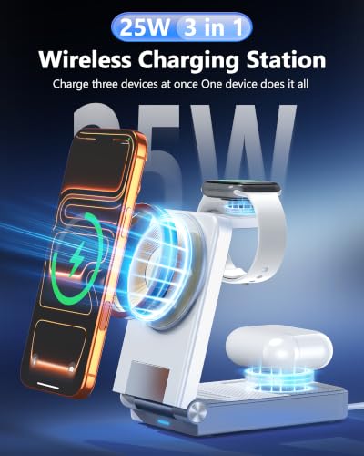 25W 3 in 1 Charging Station,Foldable MagSafe Fast Magnetic Wireless Charger