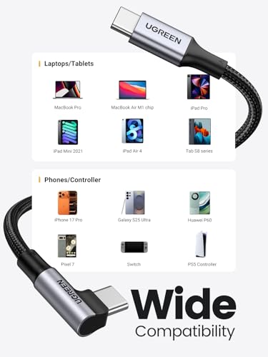UGREEN 100W Right Angle USB C Cable, Fast Charging Cable, 3.3ft - size: 3.3 ft