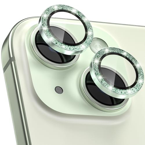 CloudValley for iPhone 15 Plus/iPhone 15 Camera Lens Protector Bling, Ultra-HD Tempered Glass Camera Cover [Case-Friendly] Metal Individual Lens Screen Protective Ring, Glitter Green - color: Glitter Green