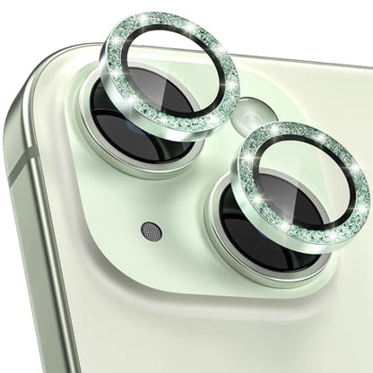 CloudValley for iPhone 15 Plus/iPhone 15 Camera Lens Protector Bling, Ultra-HD Tempered Glass Camera Cover [Case-Friendly] Metal Individual Lens Screen Protective Ring, Glitter Green - color: Glitter Green