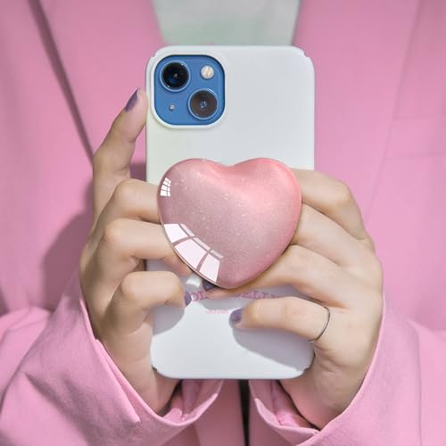Expandiing Moblile Cell Phone Grip Heart Shape Glass Holder for Smartphones, Cellphone Collapsible Stand（ Pink