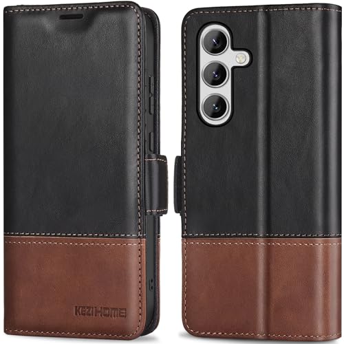 KEZiHOME Case for Galaxy S24 5G, Genuine Leather [RFID Blocking] Wallet Case with Card Slots Kickstand Folio Flip Phone Cover Compatible with Galaxy S24 5G (2024) (Black/Brown)