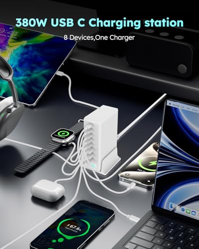380W USB-C Charger Block, 8-Port USB-C Charging Station PD 30W + 100W PC Laptop, Fast Charging Hub with High-Power Fast Charging Cable for MacBook Pro/Air, DELL, iPad, iPhone, Samsung Galaxy, White - color: 380W White