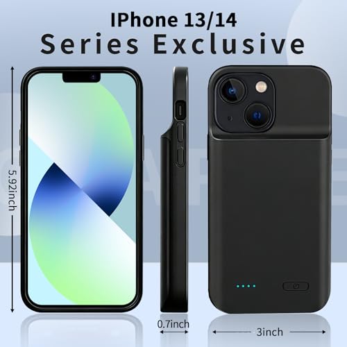 Battery Charger Case for iPhone 13/14, 10000mAh Extended Portable Charger Case (6.1'inch) with Secure Fit & LED Power Indicator-Black