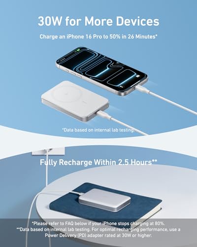 Anker MagGo Power Bank, 10,000mAh Qi2-Certified 15W Portable Charger | Slim and Fast MagSafe-Compatible Battery Pack, Ergonomic Design, for iPhone 16 / 15 / 14 / 13 Series and More - color: White