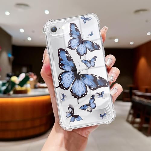Clear Case Compatible with iPhone SE/8/7, Cute Butterfly Print Protective Cover for Girls Women, Slim Soft TPU Four Corners Shockproof Case for iPhone SE/8/7 - Blue Butterfly - color: Blue Butterfly, size: iPhone SE/8/7
