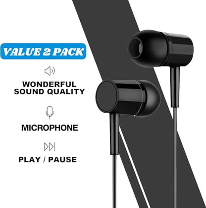 2-Pack Wired Earbuds with Mic and Volume Control, 3.5mm Jack in-Ear Headphones Stereo Sound, Noise-Isolating Earphones for Music, Calls, Gaming & Video Chat,Black & White