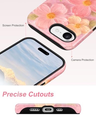 Jusy Magnetic Oil Painting Flower Floral Case for iPhone 16e/17e, Pink | Compatible with MagSafe, Cute Aesthetic Flower Design, TPU and PC Protective Phone Cover - color: Pink Oil Painting Flower