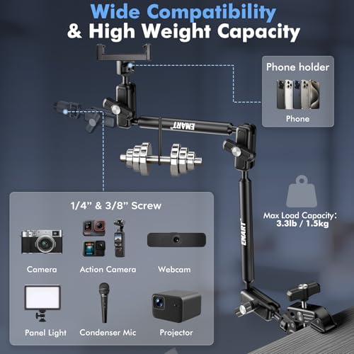 EMART 21" Magic Arm Clamp Kit with Super Clamp, 1/4" 3/8" Threads for ARRI, Flexible Camera Desk Mount, Adjustable Articulating Boom Arm for Webcam/Mic/Action Camera/Phone/Video Light - color: Super Clamp