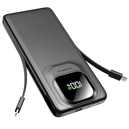 Portable Charger with Built-in Cables,22.5W Super Fast Charging Power Bank Slim Phone Charger,10000mAh Travel Battery Pack Battery Bank with Smart LED Display for iPhone, Android & USB-C - color: Black