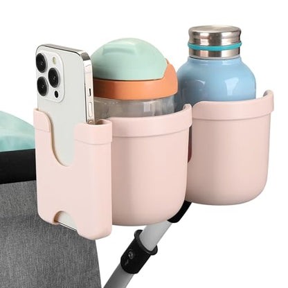 Accmor Stroller Cup Holder with Phone Holder, Bike Cup Holder, Universal Cup Holder for Uppababy Nuna Strollers, 2-in-1 Drinks Holder for Walker, Wheelchair, Scooter - color: Double Holder-All Crystal Pink