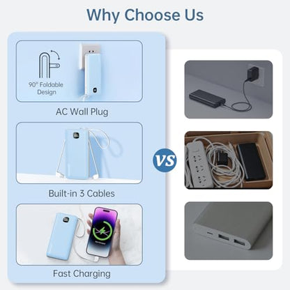 Portable Charger 10000mAh 22.5W Power Bank,Built-in 3 Cables & AC Wall Plug - color: Blue