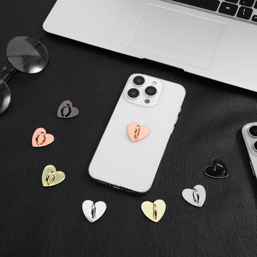 8 PCS Heart Charm Hook 4 Color Metal Phone Finger Hook Adhesive Cell Phones Ring Holder Heart-Shaped Sticky Grip Loop Smartphones Accessories Charm Loop Stand Keychain Ring for DIY Hanging